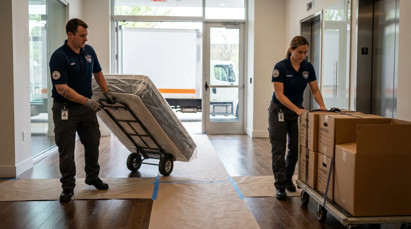 Professional apartment movers loading elevator in Citrus Heights, CA